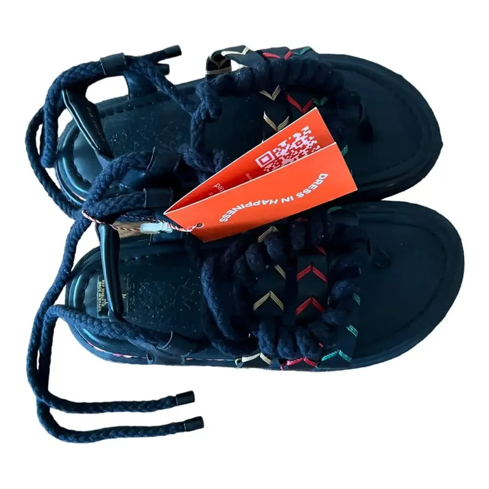 Farm Rio Black Rope Tie Flatform Sandals Women Size 8